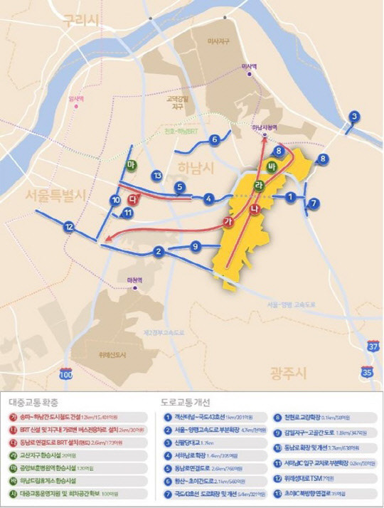 정부가 2조원의 예산을 투입하는 하남교산지구 광역교통망개선 대책 주요 내용 및 위치도.<국토부 제공>