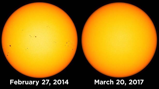 2014년 흑점이 많이 보이는 태양과 2017년 흑점 없는 태양의 비교 사진