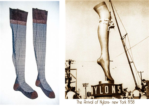 1937년 나일론 양말 시제품(왼쪽). 상단은 가죽으로, 앞뒤꿈치는 실크로 처리했다. 1938년 뉴욕에 세워진 나일론 대형 광고 구조물(오른쪽). /출처=ⓒ듀폰 홈페이지
