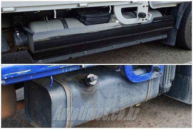 봉고3 LPG의 가스통(위), 디젤의 연료통(아래)