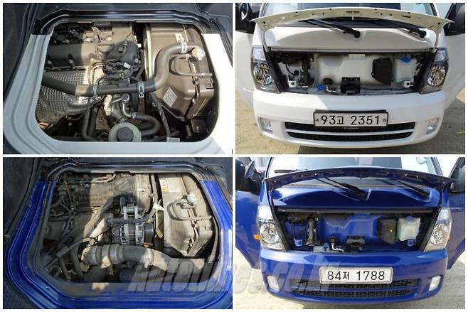 봉고3 LPG의 엔진룸(위), 디젤의 엔진룸(아래)