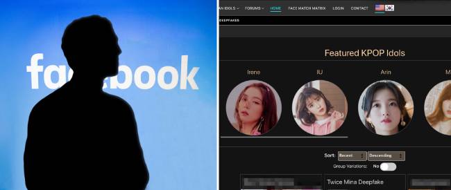 마크 저커버그 페이스북 창업자는 딥페이크 기술 악용을 막는 일에 앞장서고 있다(왼쪽). K팝 스타 등 연예인을 대상으로 딥페이크 영상을 제작해 주는 사이트. [Flickr, 사이트 캡쳐]