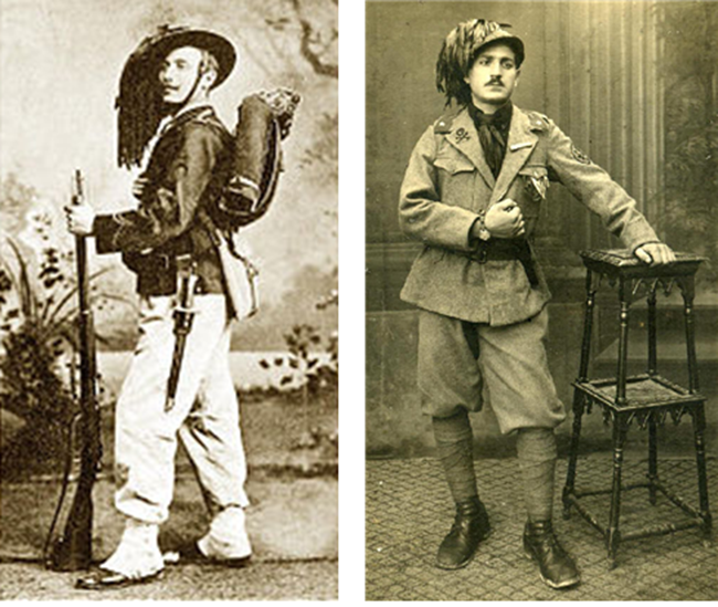 베르살리에르 부대원의 사진. 좌측(1900년)은 챙 넓은 모자에 우측은 전투 헬멧(1918년 추정)에 깃 장식을 했다. /출처= ⓒ위키미디어커먼스