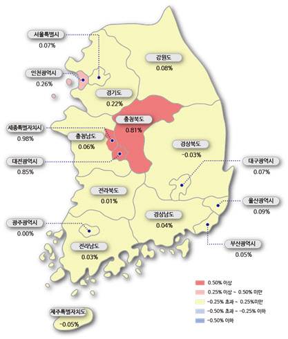 15일 기준 전국 아파트 매매가격 변동률. /한국감정원