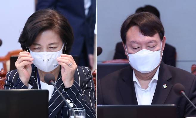 추미애 법무부 장관(왼쪽)과 윤석열 검찰총장이 22일 오후 청와대에서 열린 제6차 공정사회 반부패정책협의회에 참석해 있다. 연합뉴스
