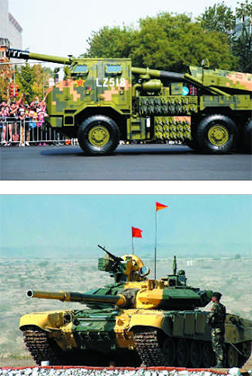 중국군이 히말라야 국경 분쟁 지역에 배치한 산악 지형용 155㎜ 곡사포 PCL-181(위)과 인도군이 접경 지역에 배치한 T-90 계열 비슈마 전차(아래). /웨이보·플리커