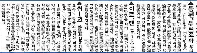 동아일보 1931년 4월13일자 ‘신어해설’. 날마나 쏟아지는 영어 신조어를 풀이해주는 난이다. 시쳇말로 섹시한 남녀를 의미하는 ‘이(잇)트’와 멋쟁이 하이칼라를 가리키는 ‘쉬크’ 등 신조어의 뜻을 일러주고 있다.