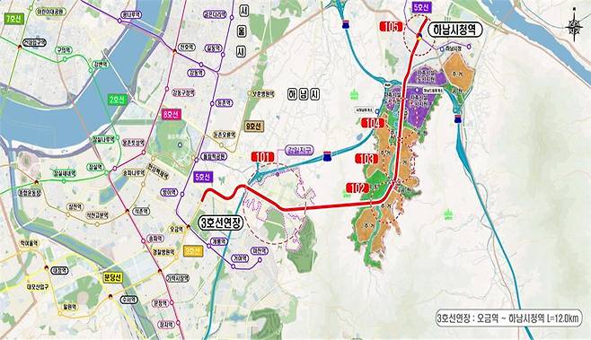 하남~송파 간 도시철도 3호선 중전철 노선도(1안). 국토부 제공. /뉴스1