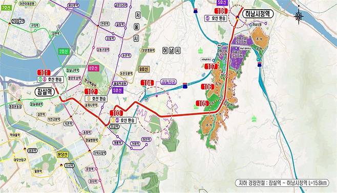 하남~송파 간 도시철도 지하경전철 노선도(2안). 국토부 제공. /뉴스1