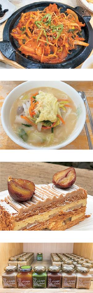 사진 위부터 ‘올레풍경’의 고추장불고기, ‘삼대전통고기국수’의 고기국수, 베이커리 카페 ‘마마롱’의 밤밀푀유. ‘아라파파’의 다양한 잼.