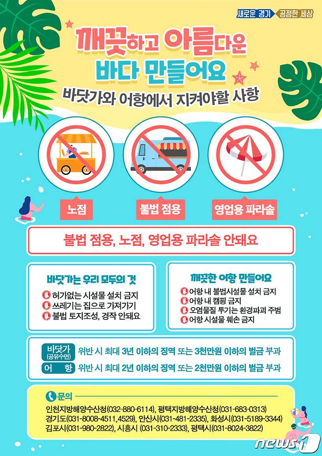 경기도가 청정계곡에 이어 깨끗한 바다를 도민에게 돌려주기 위해 오는 7~8월 불법 파라솔 영업, 불법시설물, 불법어업 등 바닷가 불법행위에 대해 특별단속을 벌인다.(경기도 제공)© 뉴스1