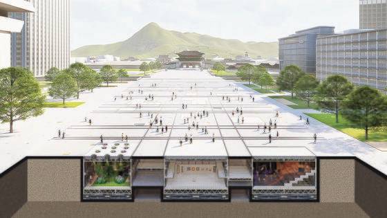 건축가 장윤규가 제안한 ‘움직이는 광화문 광장’. 날씨 에 따라 모습이 달라진다. 햇살 밝은 날이면 광장 지하에 설치한 정원이 지상으로 올라온다.