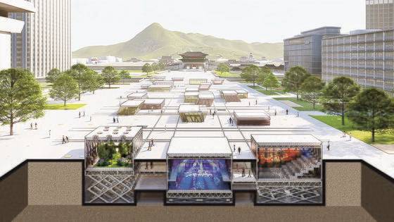 건축가 장윤규가 제안한 ‘움직이는 광화문 광장’. 날씨 에 따라 모습이 달라진다. 햇살 밝은 날이면 광장 지하에 설치한 정원이 지상으로 올라온다.