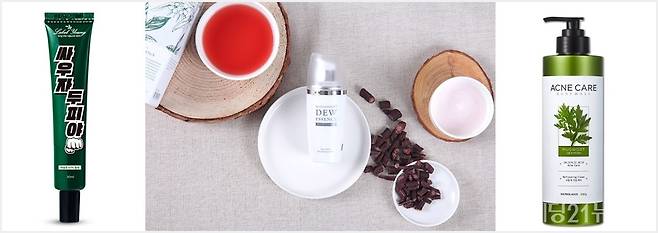 사진 : (왼쪽부터) 라벨영, 쇼킹두피어성초스팟. 이슬품은나, 자초이슬에센스. 샤워메이트, 사철쑥 아크네 케어 바디워시