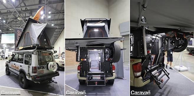 디스커버리에 설치된 텐트와 픽업트럭 위에 장착된 알루캡 캠퍼의 모습