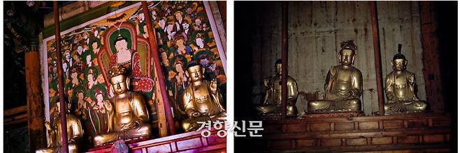 ‘영산회상도’는 1954년 6월까지는 신흥사에 봉안돼 있다가 어느 시기에 사라졌다. 미국 통신장교 폴 뷰포드 팬처가 1953~1954년 5월 사이 쵤영한 사진(왼쪽)에는 불화가법당에 봉안되어 있는데, 해병대 장교 리처드 브루스 락웰이 1954년 10월 무렵 찍은 사진에는 보이지 않는다. |강임산 국외소재문화재재단 협력지원팀장 제공·속초시립박물관 소장