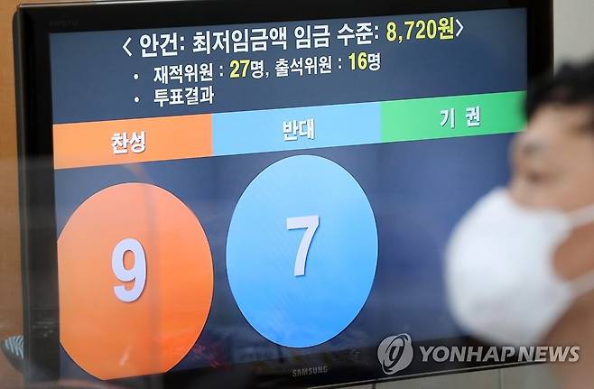 내년도 최저임금, 시급 기준 8천720원으로 의결 (세종=연합뉴스) 김주형 기자 = 14일 새벽 세종시 정부세종청사 고용노동부에서 열린 제9차 최저임금위원회 전원회의 결과 브리핑을 취재진이 경청하고 있다.       이날 전원회의는 근로자위원들의 집단 퇴장으로 공익위원들이 낸 안으로 표결에 부쳐졌다. 찬성 9표, 반대 7표로 채택된 내년도 최저임금은 시급 기준 8천720원으로 최종 의결됐다. 2020.7.14 kjhpress@yna.co.kr