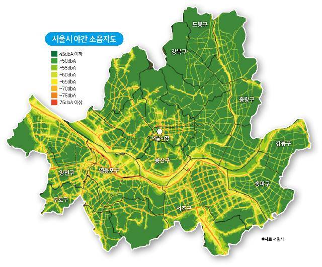 밤 시간대 기준치(55㏈A)를 초과한 소음에 주민 20% 이상 노출된 지역은 서울 시내 25개 자치구 중 15개구에 달했다. 용산구(56.5%), 영등포구(54.7%), 서초구(47.2%), 양천구(43.9%), 구로구(40.8%)는 주민의 40% 이상이 교통 공해 속에 살고 있다. 강남구ㆍ강서구 주민은 10명 중 4명이, 금천구ㆍ동작구ㆍ서대문구ㆍ중구ㆍ은평구ㆍ마포구ㆍ종로구ㆍ관악구는 10명 중 2,3명이 평온한 밤을 누리지 못하고 있는 것으로 나타났다. 그래픽=송정근 기자