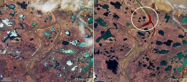 왼쪽은 사고가 발생하기 일주일 전, 깨끗했던 암바르나야 강 일대 모습, 오른쪽은 사고 발생 후 나흘 이 지난 6월 1일, 기름으로 붉게 물든 강 일대의 모습