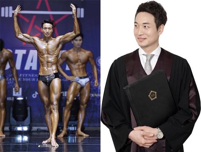 (왼쪽) 부(副)캐릭터 6월 20일 피트니스스타 강릉 대회 무대에 선 신성욱 판사. 사진 신성욱(오른쪽) 본(本)캐릭터 본캐로서 법복을 입은 신성욱 판사. 사진 신성욱