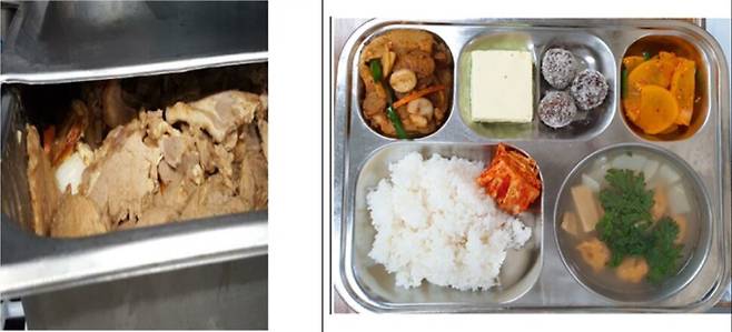 원주의 한 중학교가 지난 1일 학교 급식에 목살 오븐 스테이크를 배식하고 남자 다음 날 고추장 마늘구이로 재사용했다는 주장이 제기돼 논란이 일고 있다. 전날 사용하고 남은 목살 오븐 스테이크(왼쪽)와 다음날 반찬으로 제공된 고추장 마늘구이. 전국학교비정규직노조 강원지부 제공