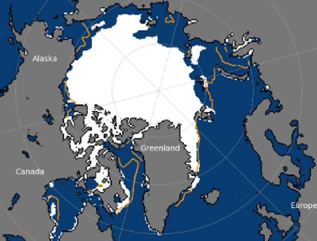 2020년 7월 15일 북극해 해빙면적. 주황색 실선은 1981~2010년 사이 해빙면적을 나타낸다./사진=미국국립빙설자료센터(NSIDC)