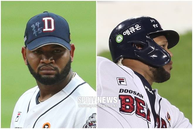 ▲ 두산 베어스 외국인 선수 라울 알칸타라(왼쪽)와 호세 미구엘 페르난데스는 21일 잠실 키움 히어로즈전에 각각 모자와 헬멧에 '34·45'를 적고 경기에 나섰다. 부상으로 이탈한 크리스 플렉센(34번)과 이용찬(45번)의 등번호다. ⓒ 잠실, 곽혜미 기자