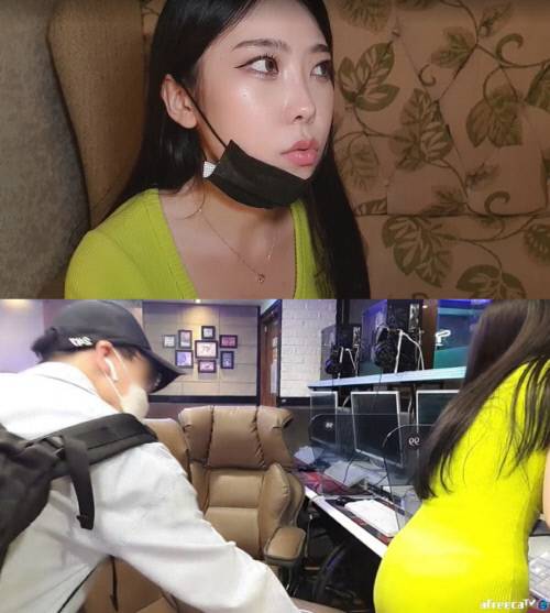 BJ 김옥분(위)이 지난 24일 PC방 아르바이트 체험 방송 중 자신의 신체를 몰래 촬영한 20대 남성을 현행범으로 신고했다. 출처|아프리카TV