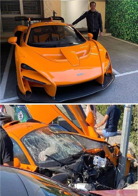 전직 F1 드라이버 아드리안 수틸이 자신이 소유한 18억원이 넘는 슈퍼카와 함께 사진을 찍었다(위). 이 차량은 지난 28일(현지시간) 모나코에서 거리의 기둥을 들이받아 심하게 파손됐다(아래). [트위터 캡처]