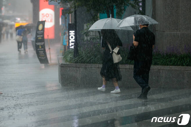 우산을 쓴 시민들이 힘겹게 이동하고 있다./뉴스1 © News1 안은나 기자