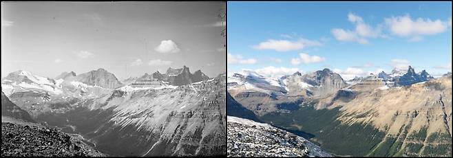 사진 왼쪽은 1927년 당시 캐나다 로키산맥의 모습, 오른쪽은 2009년 같은 장소에서 촬영산 사진