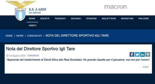 실바에 대한 라치오의 성명 [라치오 홈페이지 캡처]