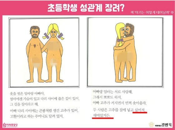 여성가족부가 몇몇 초등학교에 배포한 성교육 서적 『아기는 어떻게 태어날까』 일부. 사진 김병욱 미래통합당 의원실