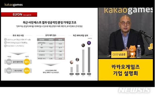 [서울=뉴시스] 남궁훈 카카오게임즈 CEO가 26일 코스닥 상장을 앞두고 열린 온라인 기자간담회에서 기업 소개를 하고 있다.(유튜브 화면 캡처)