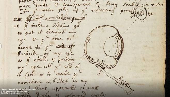 영국의 물리학자 아이작 뉴턴이 실험 과정을 기록한 공책이다.&nbsp;뉴턴은 자신의 안구를 뜨개바늘을 밀어넣어 직접 눌러보는 실험을 통해 빛과 이를 받아들이는 눈의 원리를 연구했다. 케임브리지대 도서관 제공
