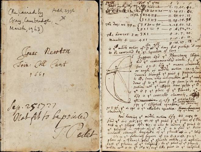 뉴턴이 케임브리지대 트리니티 칼리지 학부 시절에 쓴 공책이다. 왼쪽 아래에 토머스 펠릿이 '출판하기에 적절치 않음'이라고 쓴 글귀가 보인다. 케임브리지대 도서관 제공