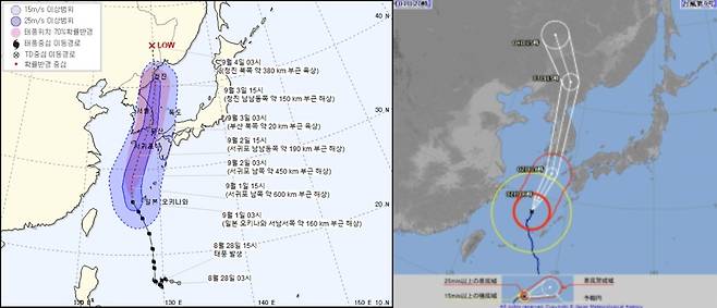 한국(왼쪽)와 일본의 제9호 태풍 '마이삭' 예상경로./사진=우리 기상청, 일본 기상청