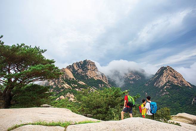 원효봉에서 바라본 염초봉과 노적봉. 가운데 백운대는 운해에 잠겨 신비스러운 경관을 자아내고 있다.