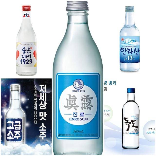 이형병(모양이 다른 병) 소주들. 무학 '좋은데이 1929'(왼쪽 위부터 시계방향), 하이트진로 '진로이즈백', 한라산소주 '한라산', 금복주 '독도소주', 대선주조 '고급소주'. 각 사 제공