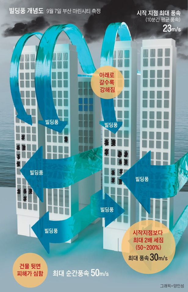 제9호 태풍 마이삭이 지나간 3일 부산 해운대구와 남구의 고층 빌딩 중 일부는 유리창이 강풍에 심하게 깨졌다. 바람이 고층 건물 사이를 통과하면서 풍속이 빨라지고 바람 방향이 변하는 빌딩풍이 피해를 키웠다. 부산대학교 권순철 교수팀에 따르면 80층짜리 아파트가 밀집한 마린시티 일대의 최대 풍속은 초속 30ｍ로 해상 최대 풍속 초속 23ｍ보다 훨씬 강했다.