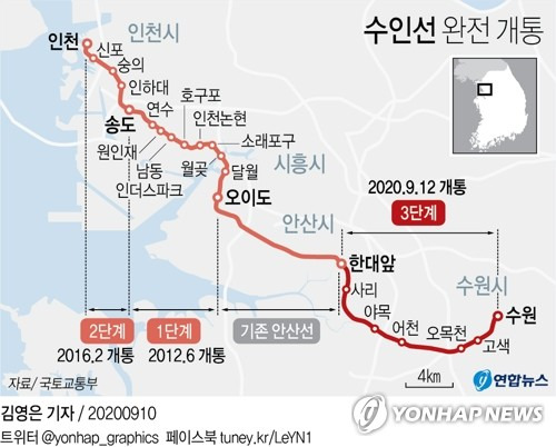 [그래픽] 수인선 완전 개통 (서울=연합뉴스) 김영은 기자 = 25년 전 폐선으로 운행을 멈췄던 수인선이 광역철도로 거듭나 다시 수원과 인천을 달린다.      국토교통부는 수원역과 인천역을 잇는 수원∼인천 복선전철(수인선) 공사 구간 중 마지막 미개통 구간인 수원∼한대역 구간이 12일 정식 개통한다고 10일 밝혔다.      0eun@yna.co.kr      트위터 @yonhap_graphics 페이스북 tuney.kr/LeYN1