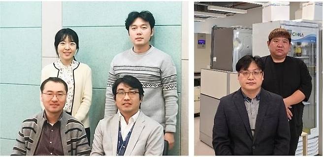 사진4. 연구자 사진. (왼쪽) (왼쪽 위부터 시계방향) 한양대 김은혜 대학원생, KBSI 박상우 박사후연구원, 한국기초과학지원연구원 이성수 책임연구원, 한양대 김영필 교수, (오른쪽) 울산대 이경진 교수(앞), 울산대 김윤규 대학원생(뒤)© 뉴스1