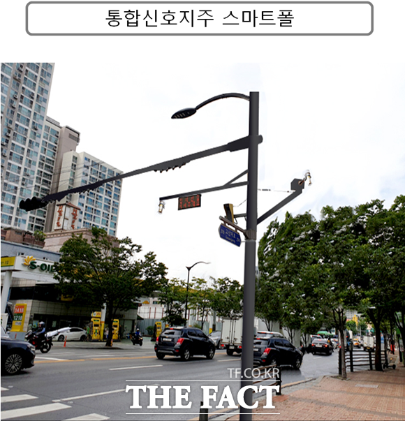 서울시가 신호등과 가로등, CCTV, 사물인터넷(IoT), 와이파이 등 각종 도로 시설물을 통합 설치하는 사업을 추진한다. 사진은 통합신호지주 스마트폴 예시. /서울시 제공