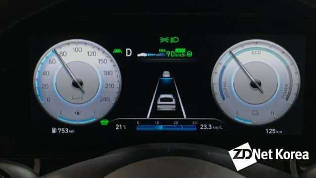 HDA(고속도로 주행보조) 모드가 실행중인 아반떼 하이브리드 10.25인치 클러스터 구성
