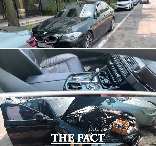 침수된 BMW 차량이 폐차장이 아닌 인천 미추홀구에 위치한 한 공업사에서 정비를 위해 주차돼 있다. 침수의 흔적이 고스란히 남아있는 '전손 침수차'지만 해당 차는 폐차장에서 폐차 절차가 아닌 며칠간의 정비를 받고 인천 옥련동에 위치한 송도중고차수출매매단지로 자리를 옮겼다. /인천=이덕인 기자