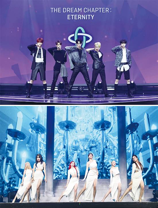 ‘차세대 BTS’를 키워내는 것은 빅히트의 숙제다. 빅히트 레이블즈에는 세븐틴, 투모로우바이투게더, 여자친구 등의 아티스트가 소속돼 있다. (위)투모로우바이투게더, (아래) 여자친구. (플레디스, 빅히트 제공)