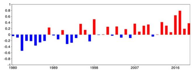 1980~2019 북서태평양 7~8월 해수면 온도 편차를 나타낸 그래프. 2011년까지는 0점 선(평년 평균)에 비해 높거나 낮은 해가 반복됐으나, 2012년 이후로는 한 해도 빠지지 않고 평년보다 높은 수온을 기록했다. 자료 기상청