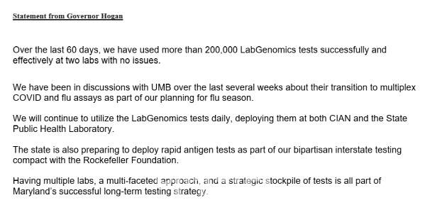 외교부에 전달된 호건 주지사 성명 (자료=랩지노믹스)