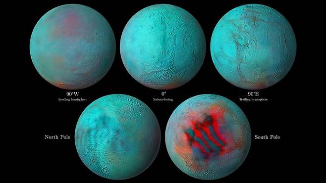 토성 위성 엔셀라두스의 적외선 이미지. 붉은 부분이 새로운 얼음 표면이 발견된 지역이다.사진=NASA/JPL-Caltech/University of Arizona/LPG/CNRS/University of Nantes/Space Science Institute