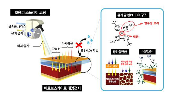 백금 기반 발수성 물질을 이용한 광하향변환 및 수분 차단 - 자외선을 차단해 페로브스카이트가 흡수 할 수 있는 가시광선으로 변환한다. 또한 발수성 작용기에 의해 수분이 효과적으로 차단된다. UNIST 제공